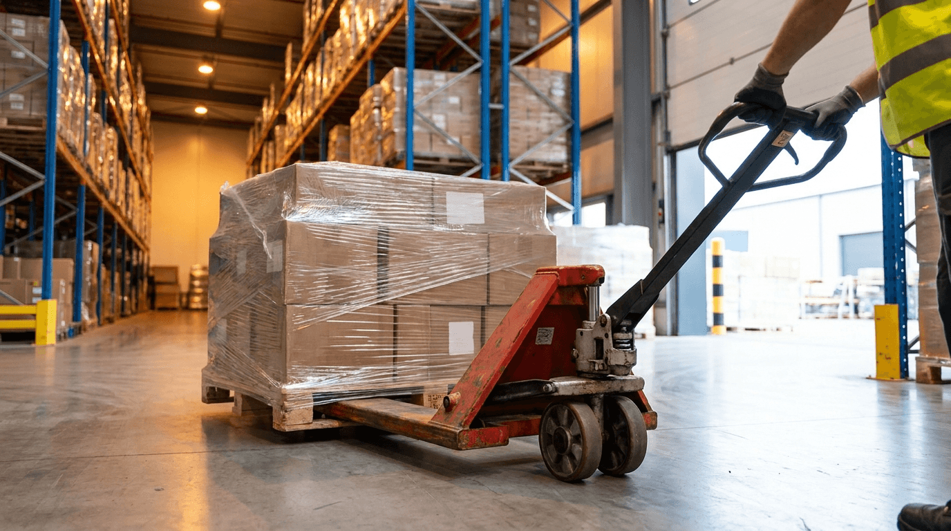 Warehouse worker moving a shrink-wrapped pallet of freight with a manual pallet jack